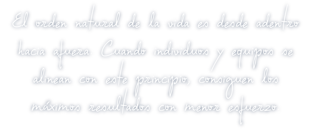 El orden natural de la vida es desde adentro hacia afuera. Cuando individuos y equipos se alinean con este principio, consiguen los máximos resultados con menor esfuerzo.